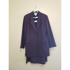 VTG Joan Leslie Womens 14 Suit Skirt Set Purple Red Wool Blend Midi Long Blazer